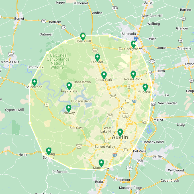 Map showing Absolute Propane service areas across Austin, Cedar Park, Georgetown, Leander, Lakeway, Spicewood, and surrounding Central Texas communities