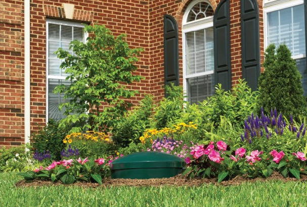 Underground propane tank dome discreetly installed in residential garden landscaping — underground tank installation Austin TX